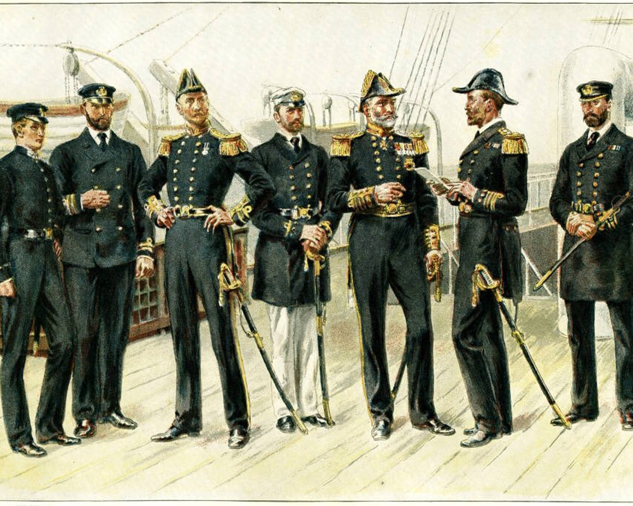 19th-century British naval officers wearing early navy blazers with gold buttons