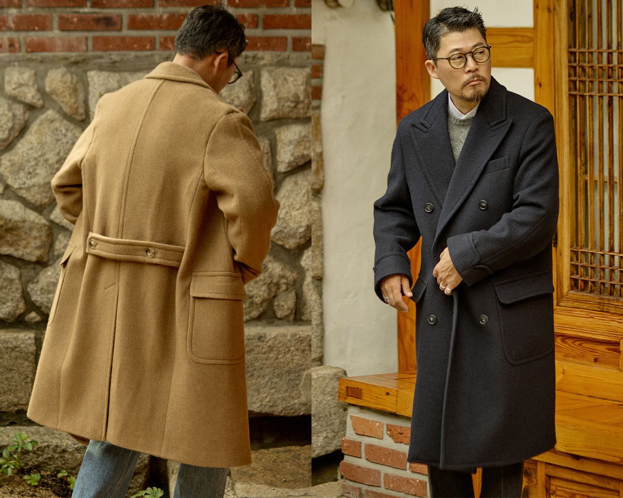 Double-breasted camel polo coat with belt back and patch pockets showing Ivy design features