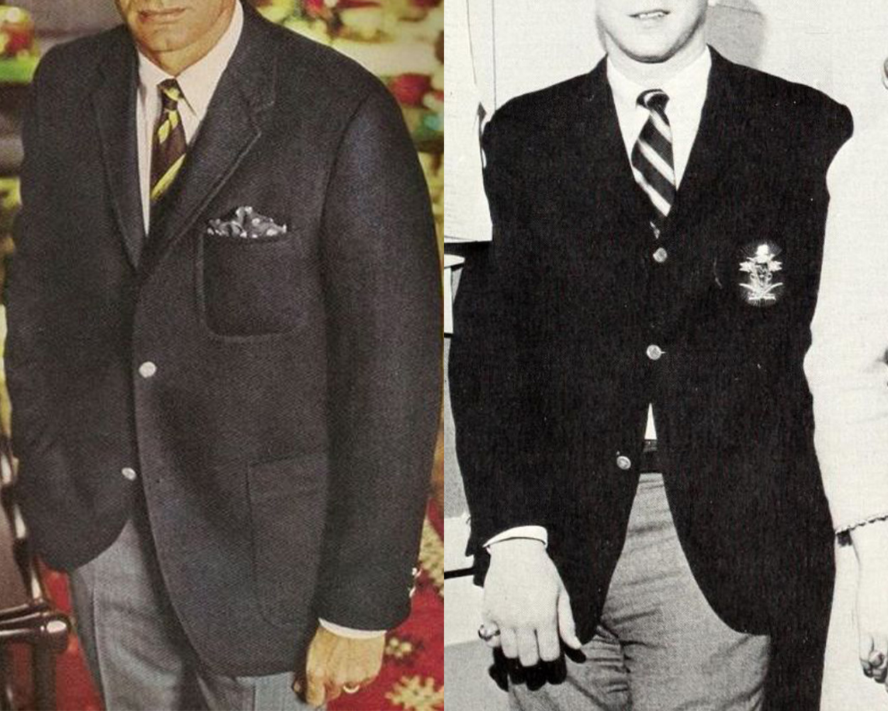 Ivy League students wearing navy blazers with gold buttons in 1960s campus fashion