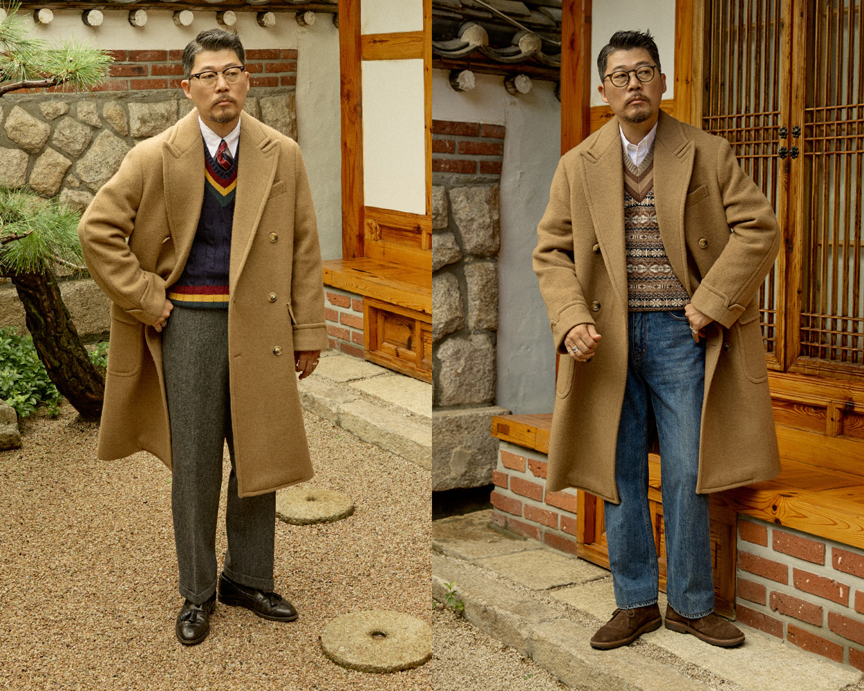 Styled polo coat outfit with Oxford shirt, knit tie, and grey trousers representing Ivy style look