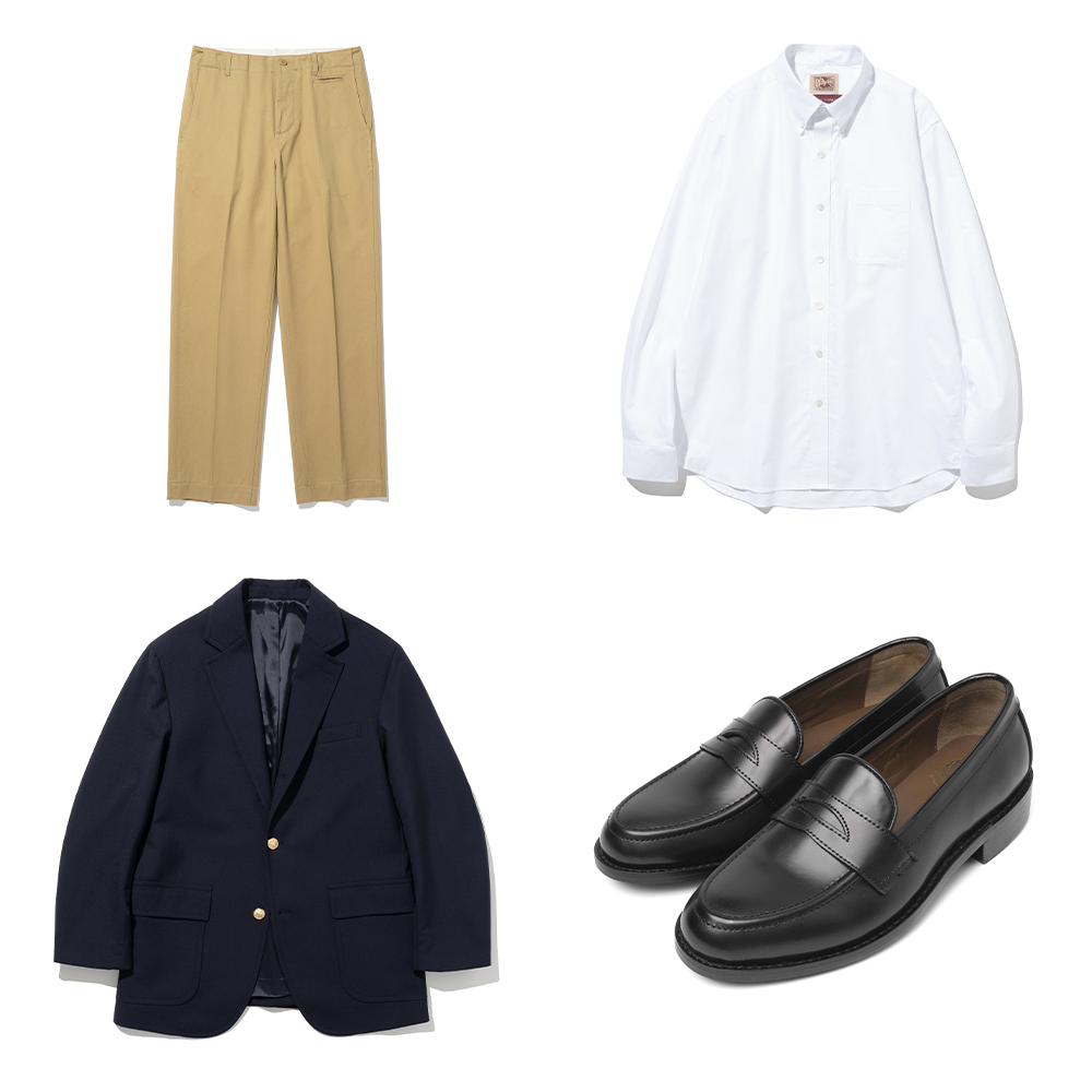 ivy style essential items list - chinos, oxford shirt, navy blazer and penny loafer