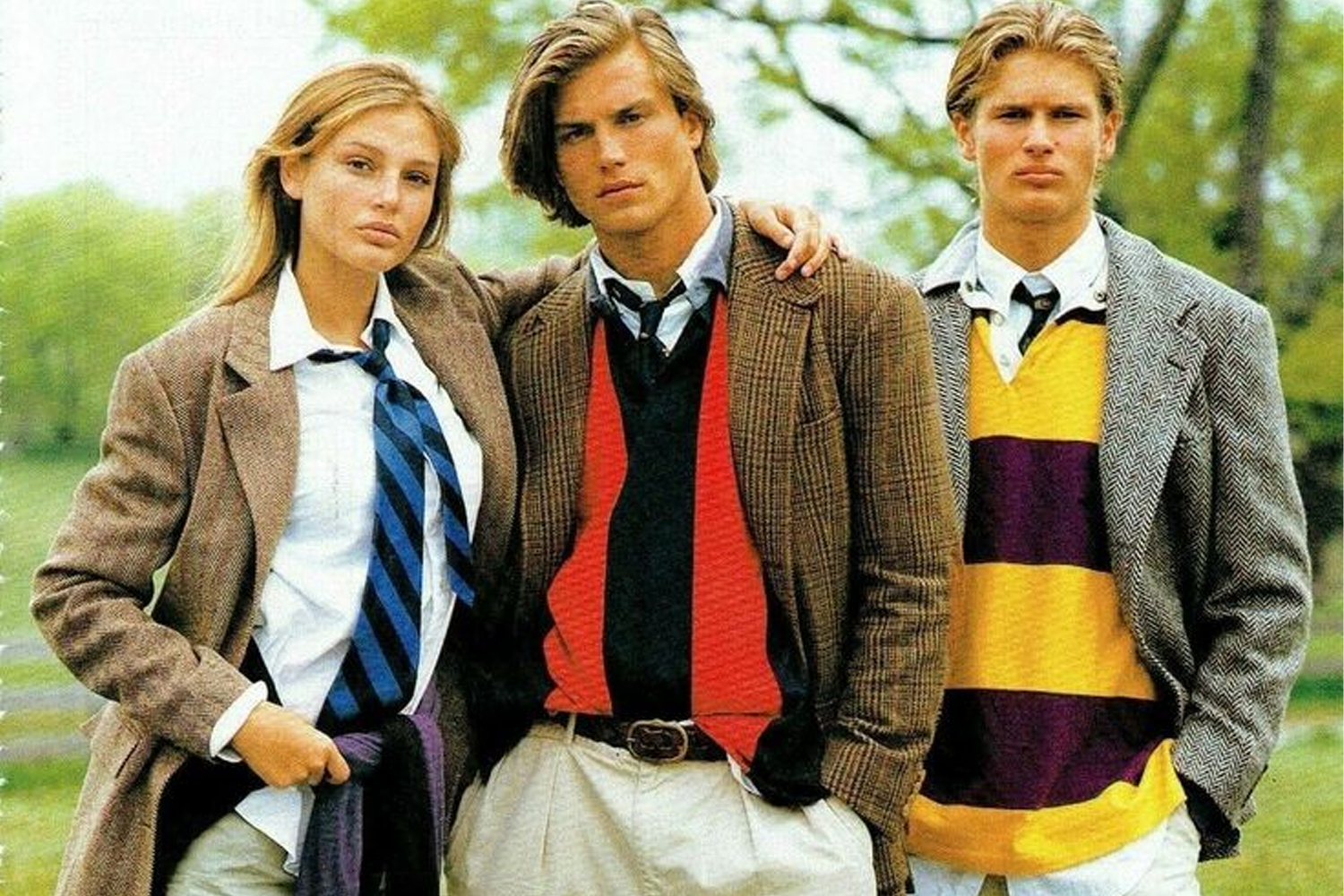 1980s ralph lauren editorial with a woman and two men wearing colorful rugby shirt