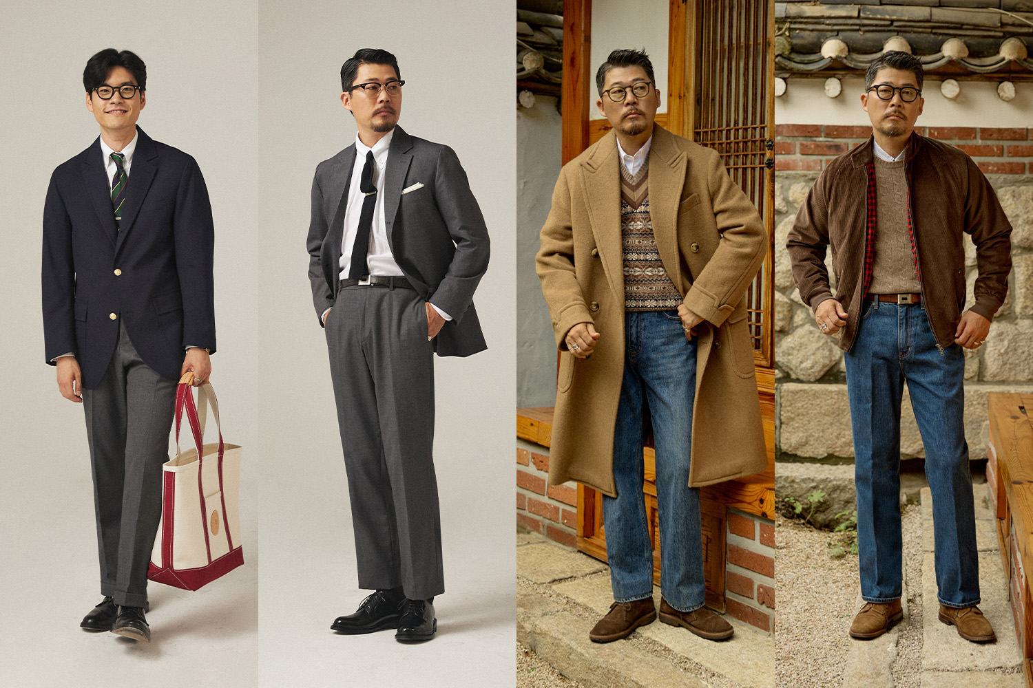 Renacts Ivy style navy blazer grey sack suit and camel polo coat representing American Trad staples