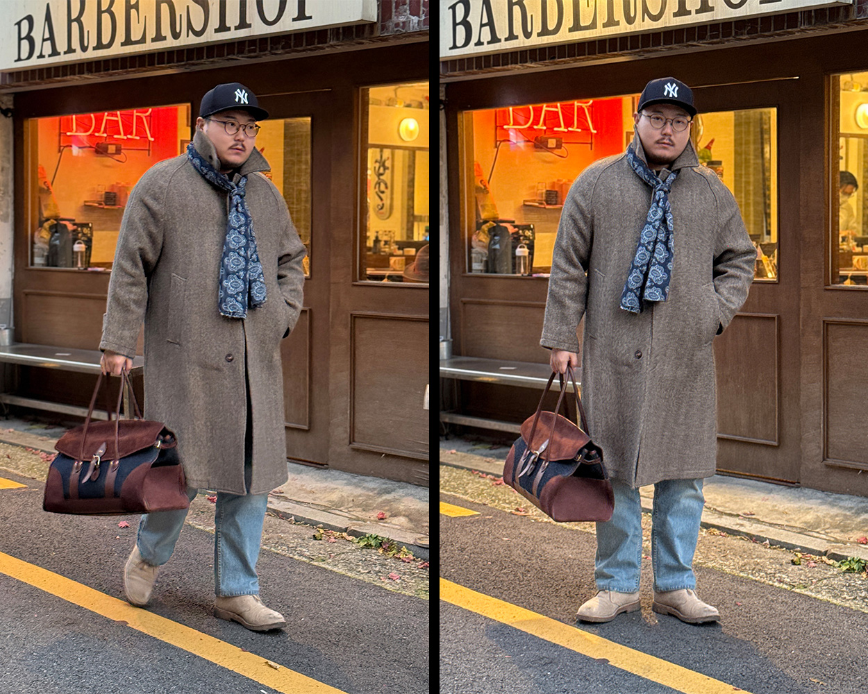 Herringbone balmacaan coat styled with a New Era Authentic cap, light-wash Levi’s denim, a patterned scarf, and suede desert boots for a modern American Casual look