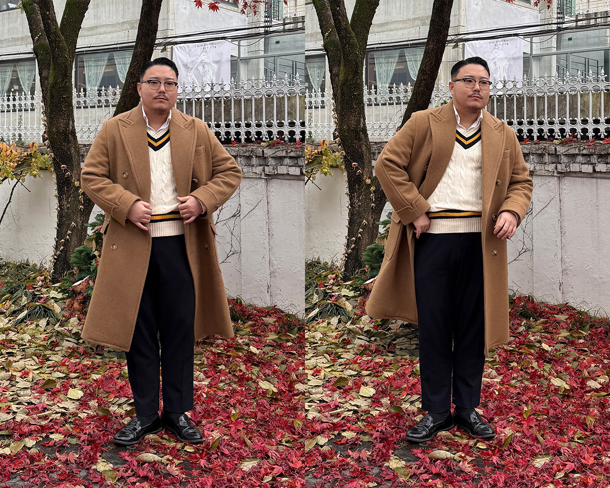 Renacts camel polo coat paired with an ivory cricket sweater showing a warm and classic winter Ivy Style look