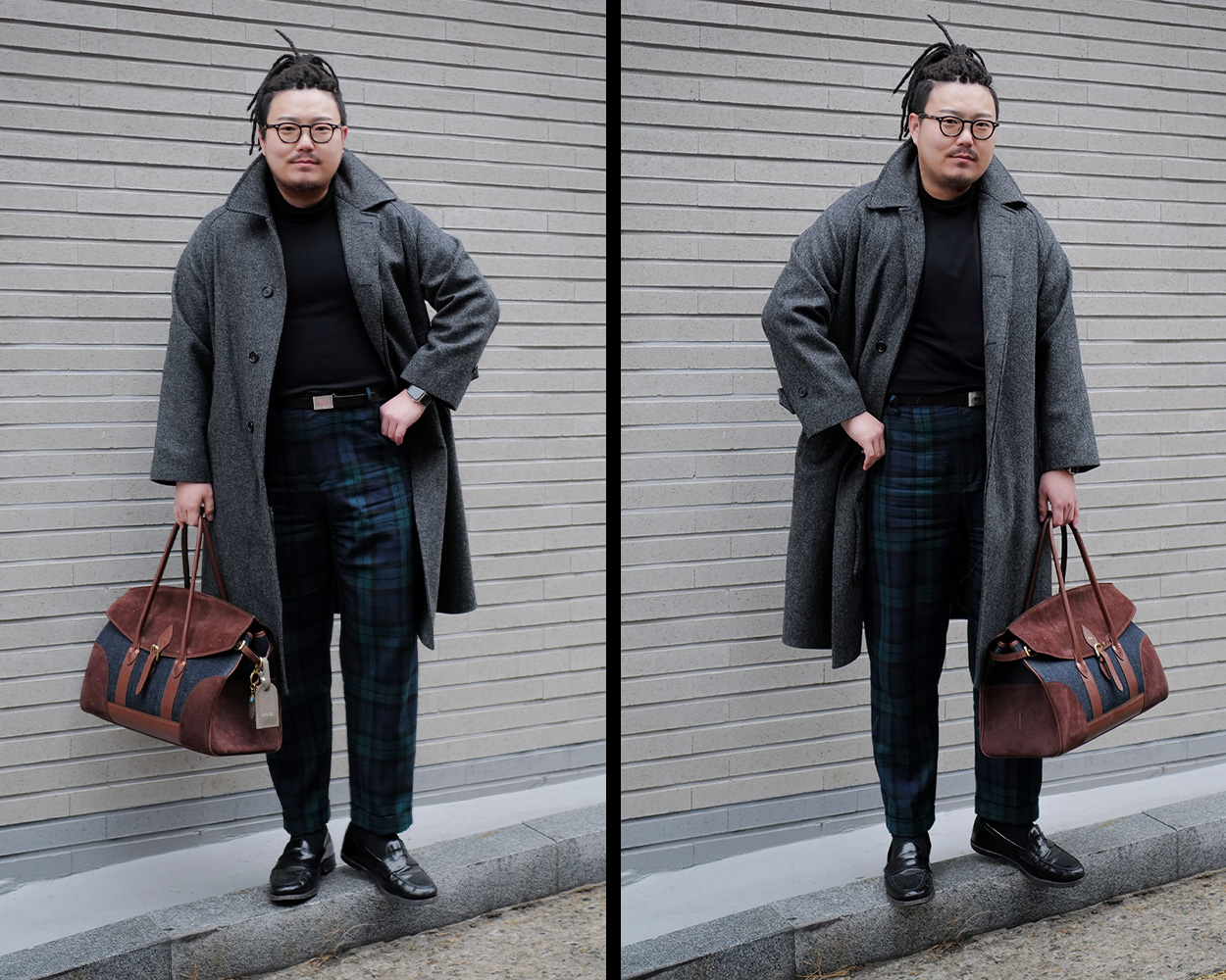 Balmacaan coat layered over a black turtleneck with Black Watch tartan trousers and leather loafers in a refined winter American Casual outfit