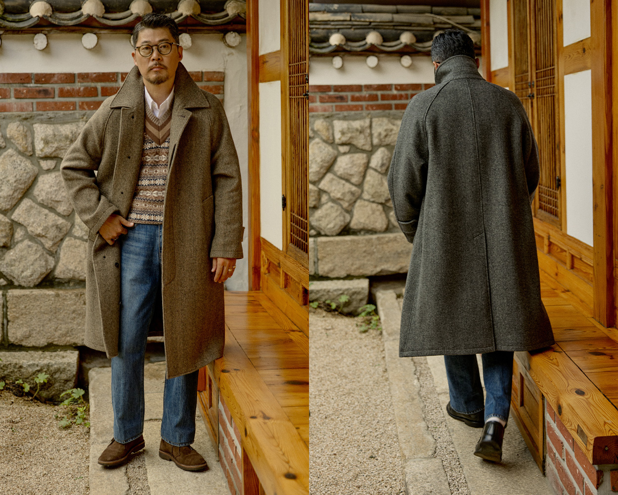 Balmacaan overcoat featuring raglan sleeves and relaxed Ivy Style silhouette