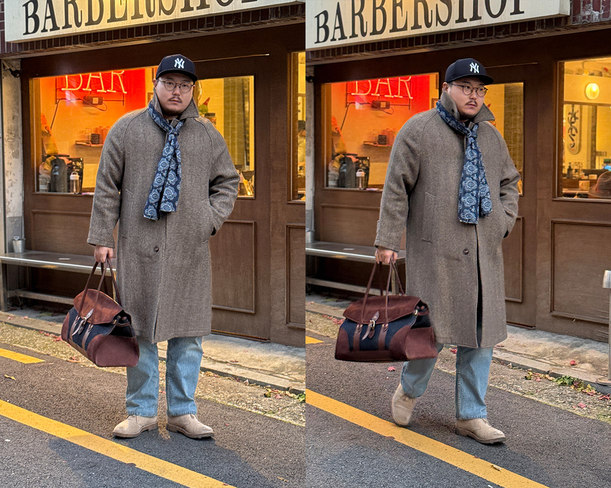 Herringbone balmacaan coat styled with a New Era Yankees cap, blue silk scarf, jeans and suede boots for a modern Ivy winter outfit