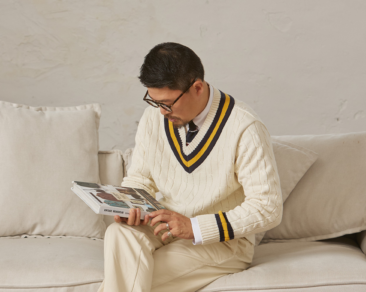 Cricket Sweater layered over shirt and tie as a classic Ivy Style outfit