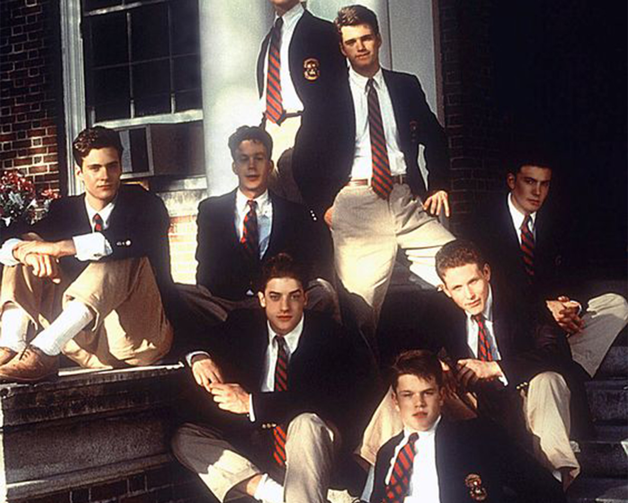 Navy blazer styled with shirt and tie in a classic Ivy League campus look