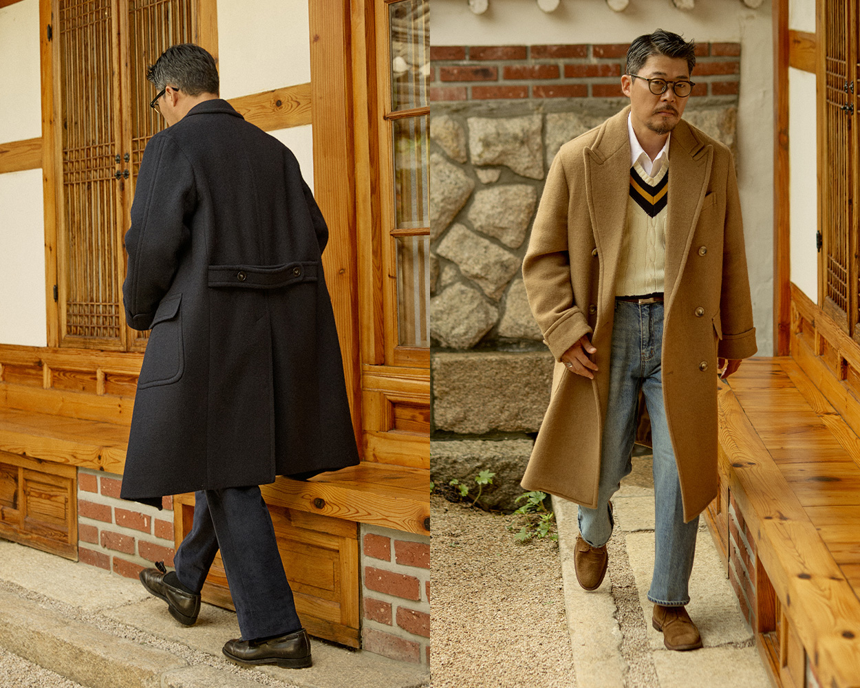 Camel Polo overcoat styled as a classic Ivy Style outerwear piece
