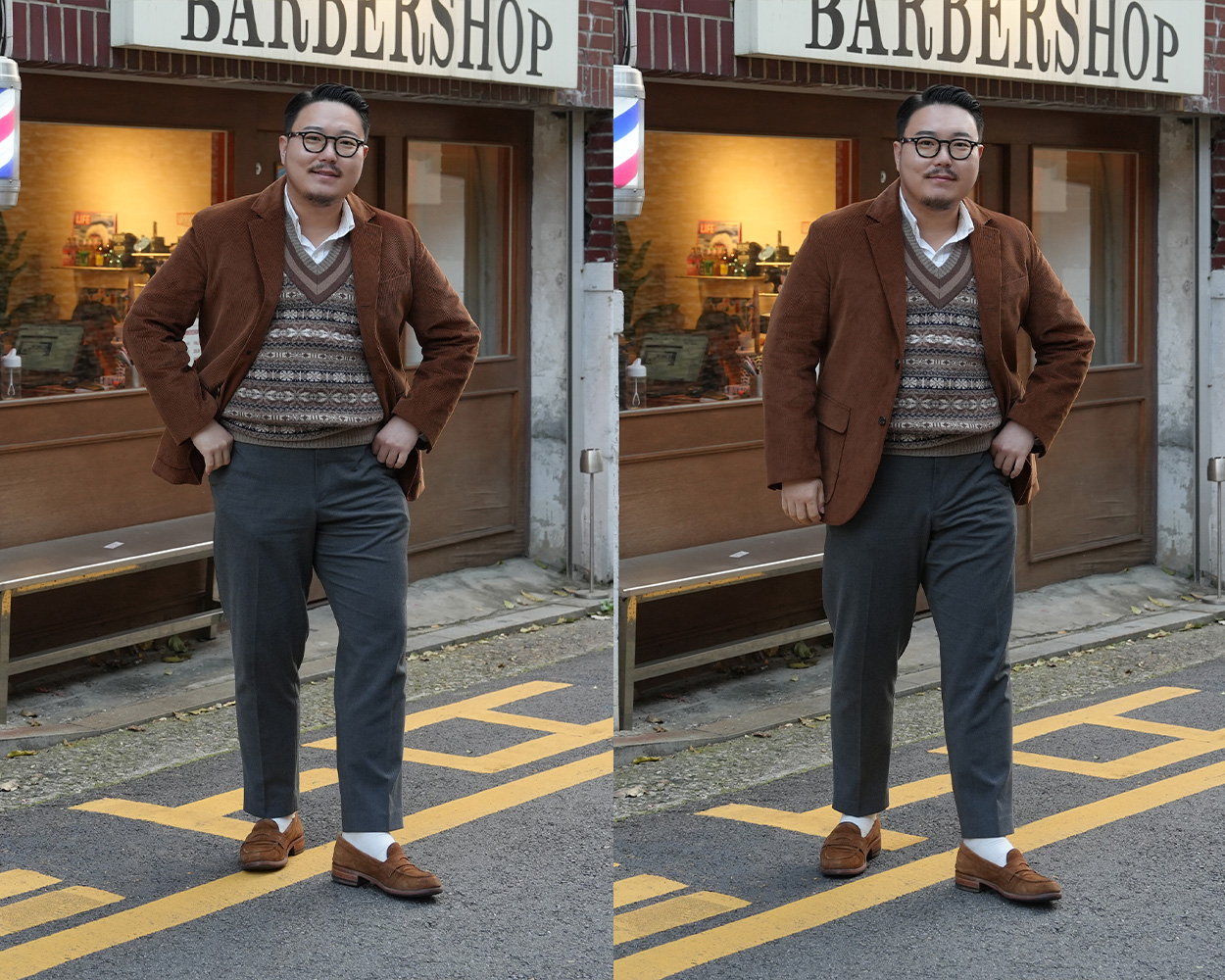 Brown corduroy blazer layered with a Fair Isle knit vest, white shirt and charcoal trousers in a classic winter Ivy Style look