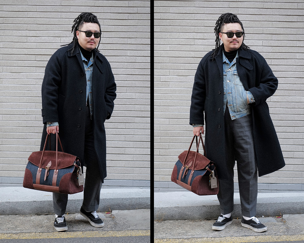 Balmacaan coat worn over a denim jacket with grey trousers and Vans Authentic sneakers for a layered American Casual style