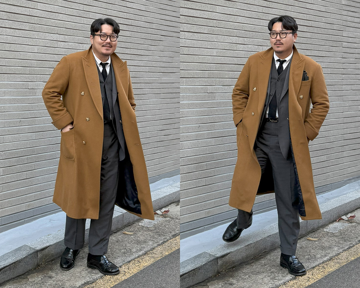 Renacts camel polo coat worn over a grey sack suit with a black tie and Derby shoes for a formal Ivy Style winter outfit