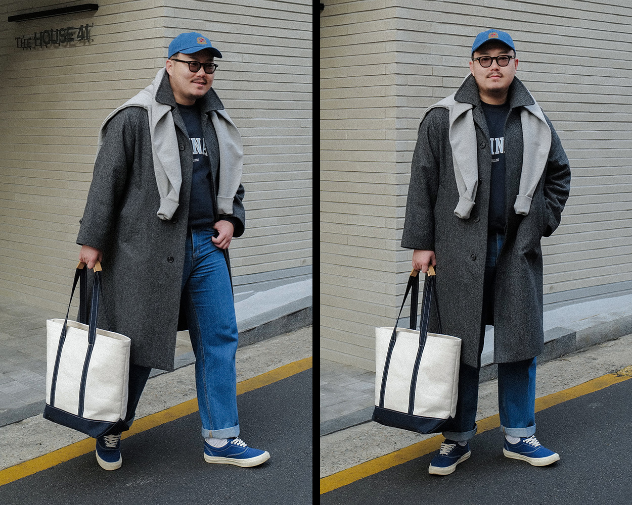 Balmacaan coat styled with a sweatshirt draped over the shoulders, a ball cap, blue jeans, and deck sneakers for a preppy American Casual outfit