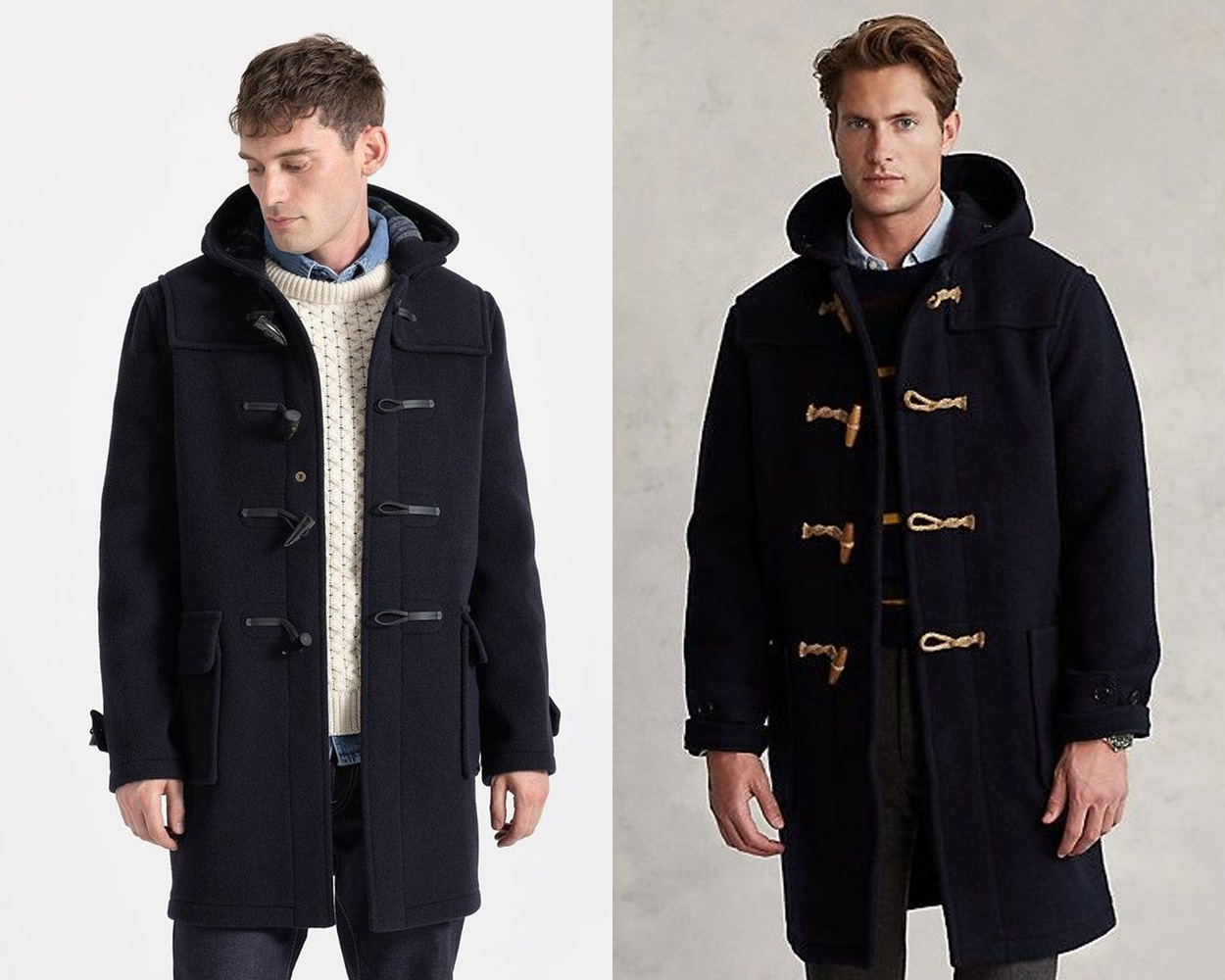 Navy duffle overcoat styled in a classic student Ivy look