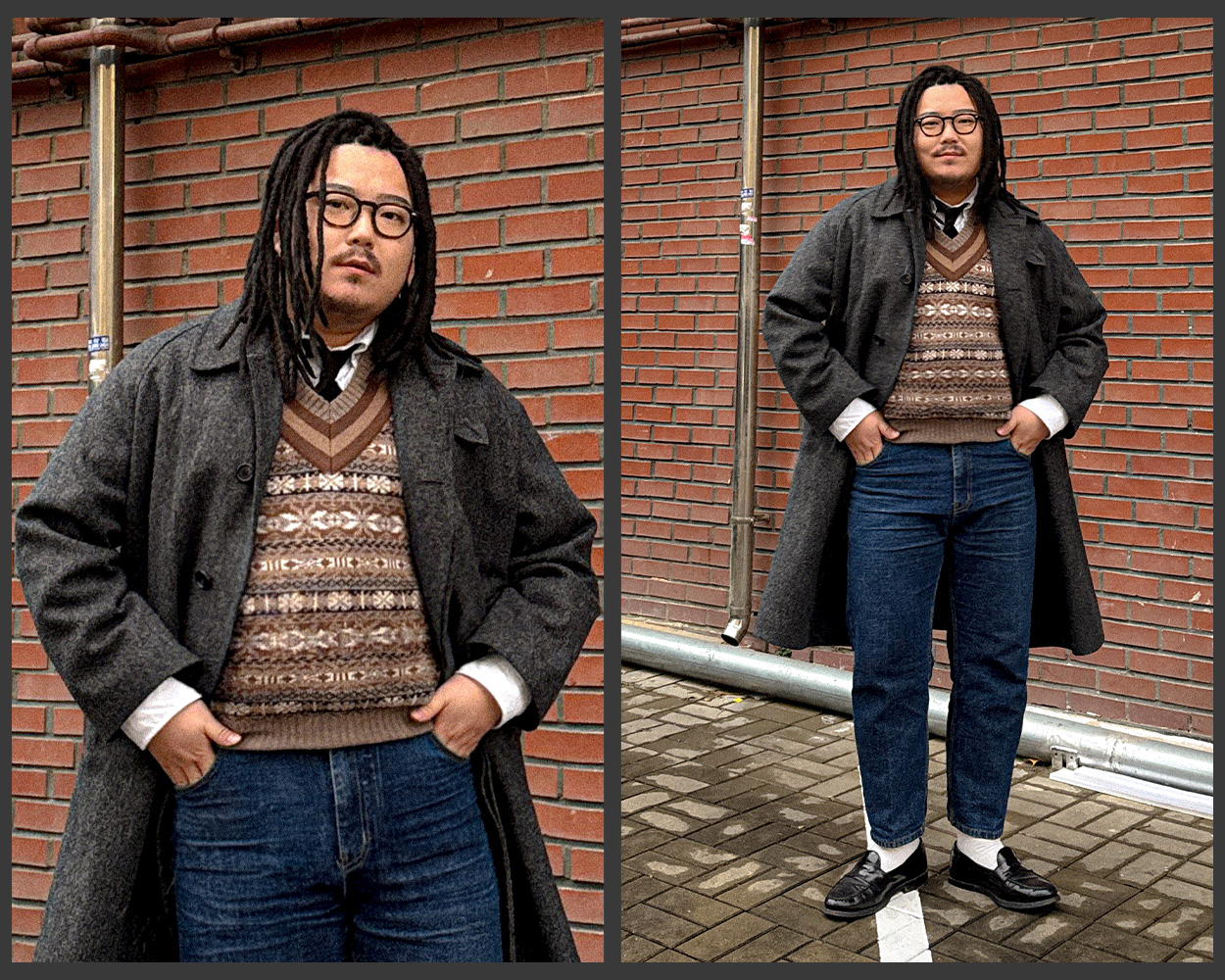 Grey balmacaan coat layered with Fair Isle vest, jeans, and black penny loafers for a winter Ivy outfit