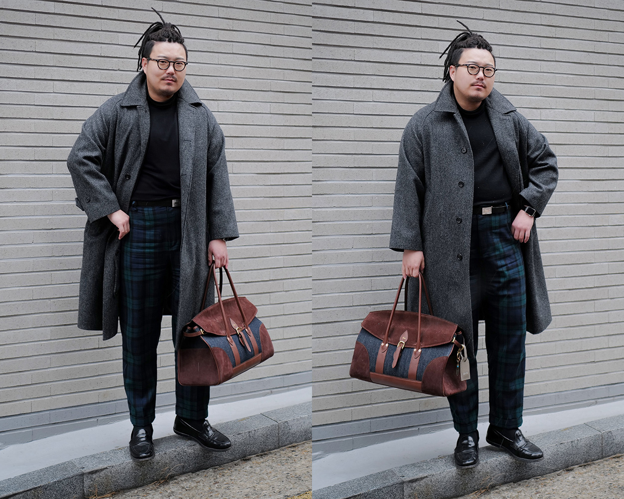 Herringbone balmacaan coat combined with bold Black Watch tartan trousers and a black turtleneck creating a striking Ivy winter look