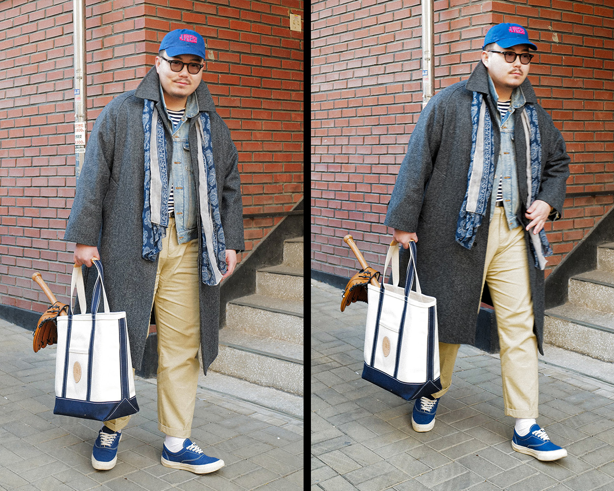 Layered balmacaan coat outfit featuring a denim jacket, patterned scarf, ball cap, chino pants, and deck sneakers in a youthful American Casual style