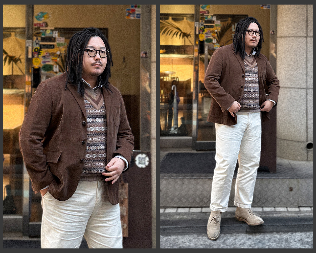 Fair Isle vest with brown corduroy jacket, white chinos, and desert boots in a relaxed Ivy Style look