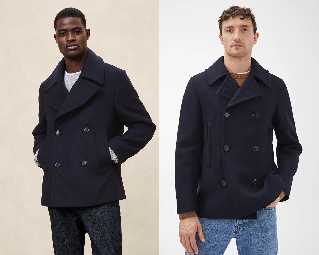 Navy peacoat styled with denim for American casual menswear
