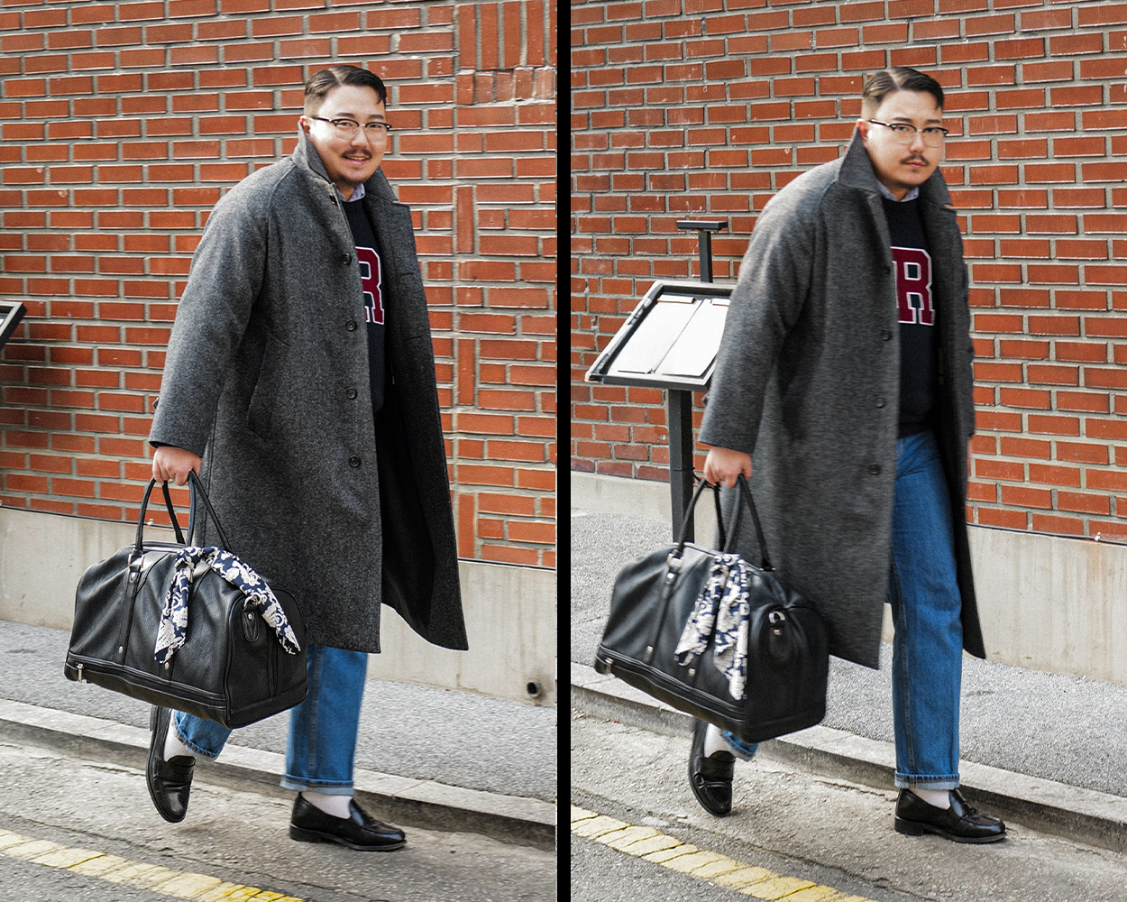 Balmacaan coat combined with a collegiate letterman sweater, dark denim jeans, and leather loafers for a classic preppy American Casual look