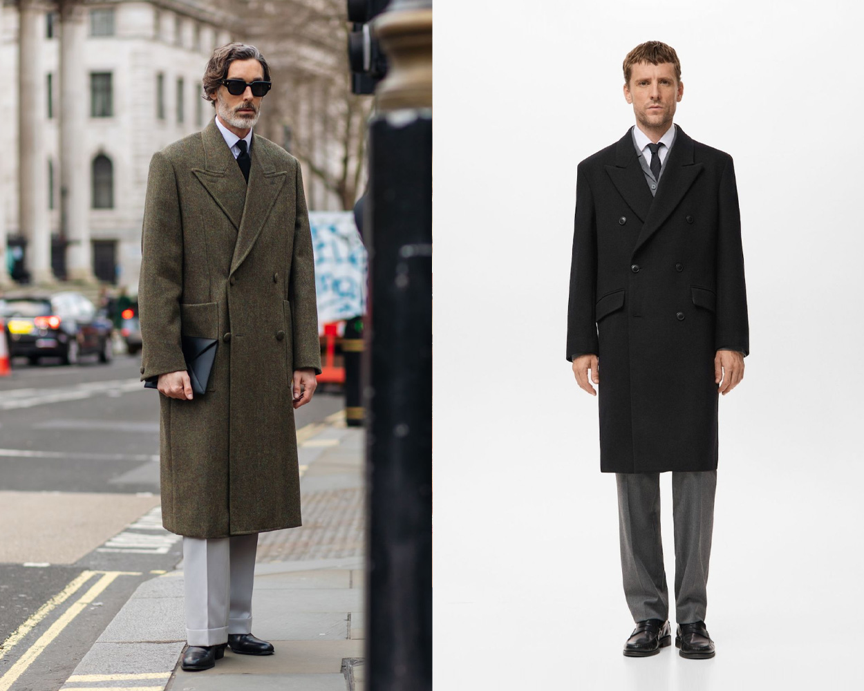Double-breasted overcoat showcasing a structured and classic silhouette