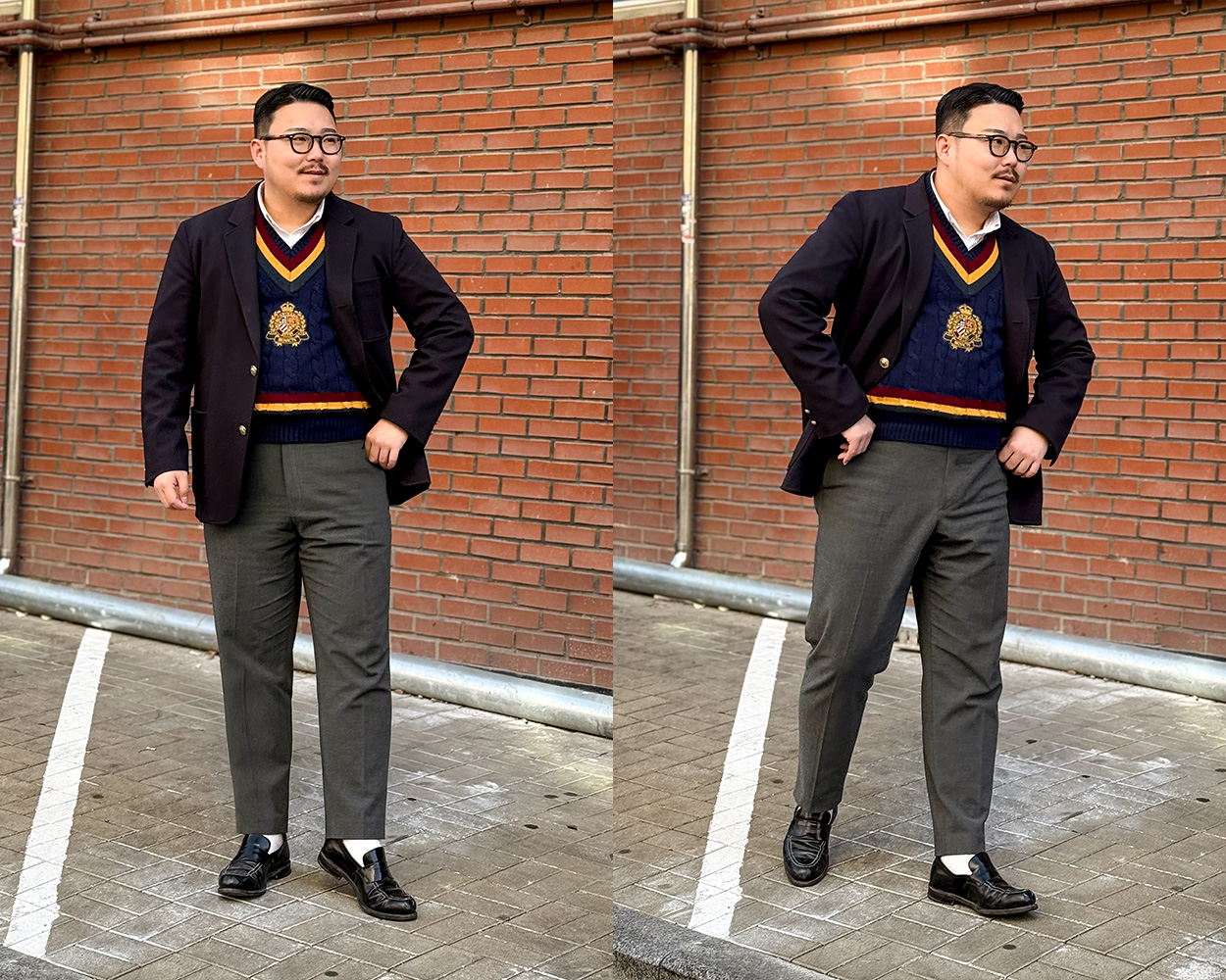 Navy Cricket Sweater paired with a gold button blazer and gray slacks