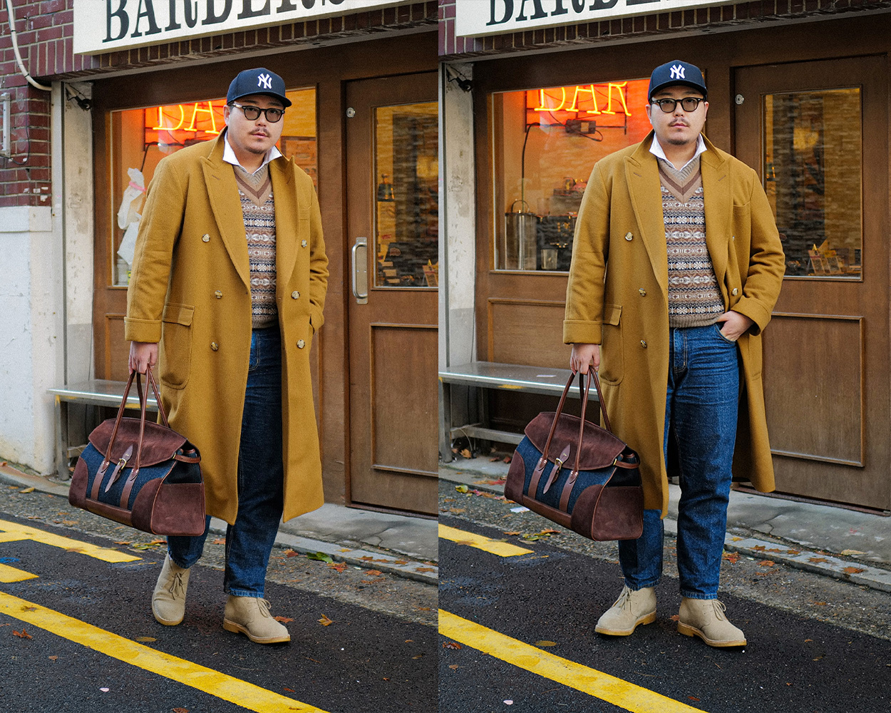 Renacts polo coat styled with a brown-toned Fair Isle vest and dark denim for a warm and intellectual Ivy winter outfit