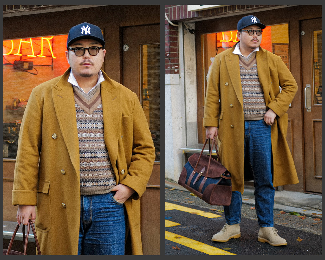 Camel polo coat layered with Fair Isle vest, jeans, desert boots, and New Era cap for a modern Ivy Style outfit
