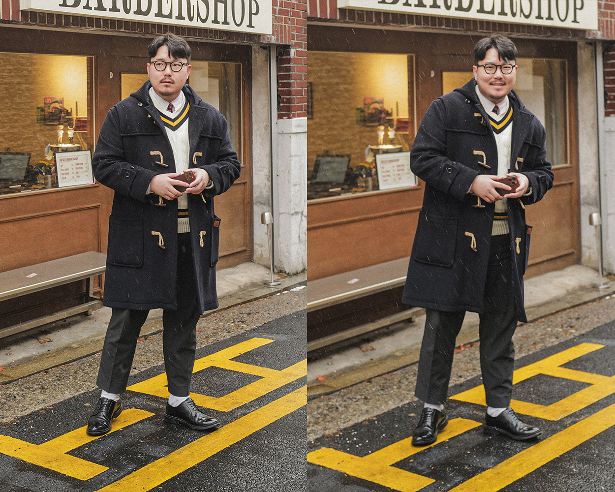 Navy duffel coat layered with a Renacts cricket sweater, shirt and tie for a classic Ivy League winter look