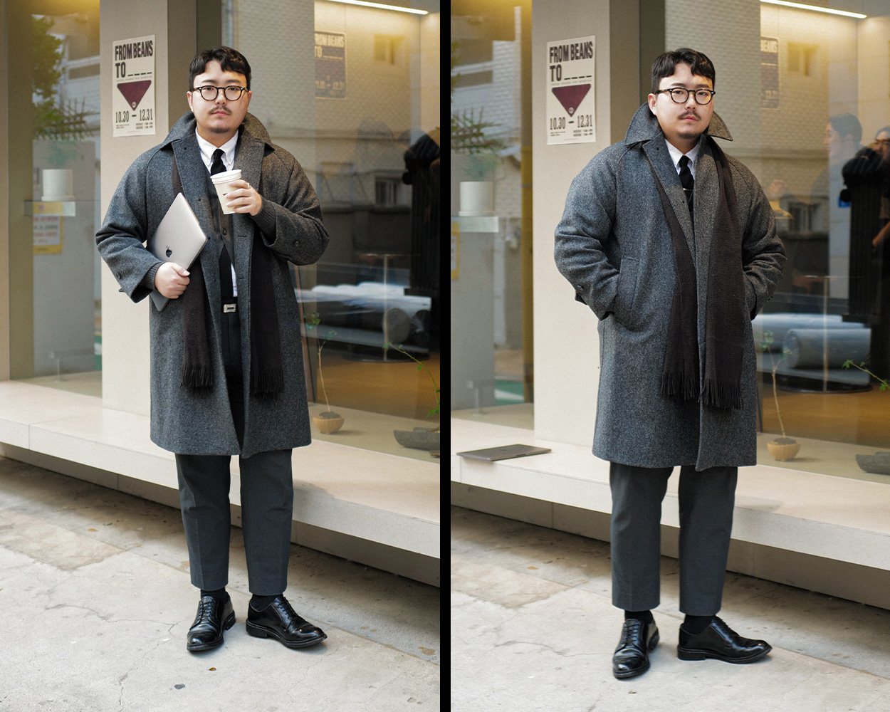 Balmacaan coat worn over a grey sack suit with a black scarf and Derby shoes for a polished winter American Casual look