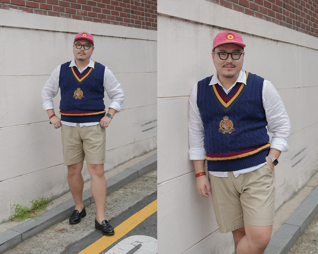 Navy Cricket vest styled in a casual Ivy look with shorts and cap