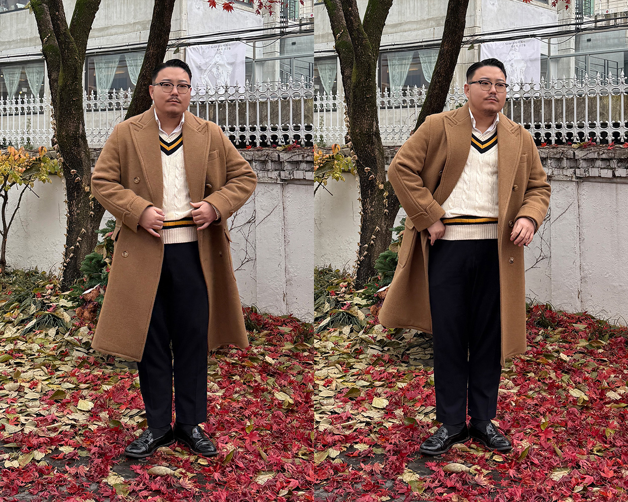 Ivory Cricket Sweater layered under a camel Polo Coat in Ivy Style