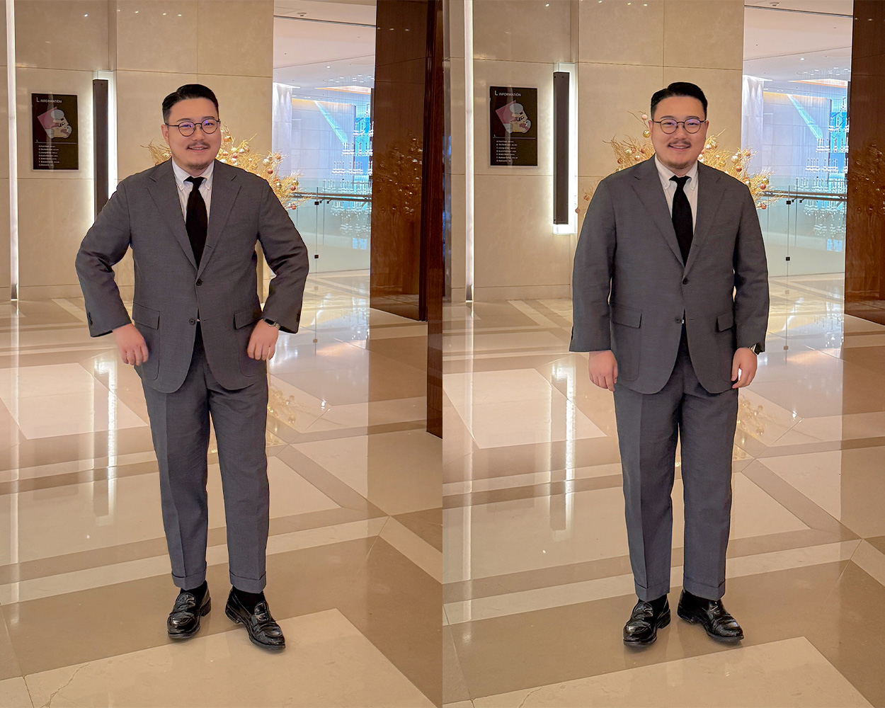 Grey sack suit outfit styled with a white shirt and black tie in Modern Ivy Style