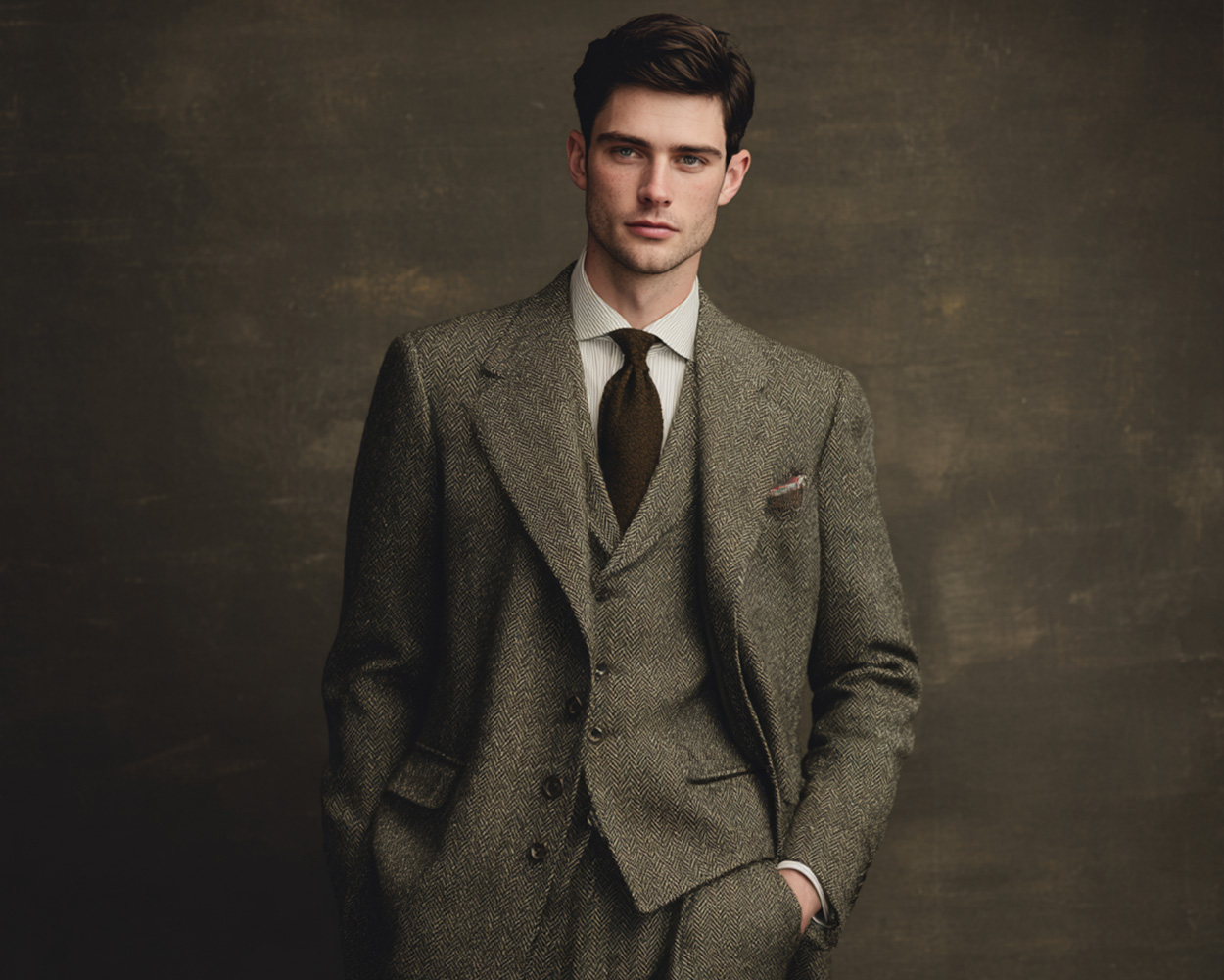 British tailored herringbone tweed jacket with traditional proportions