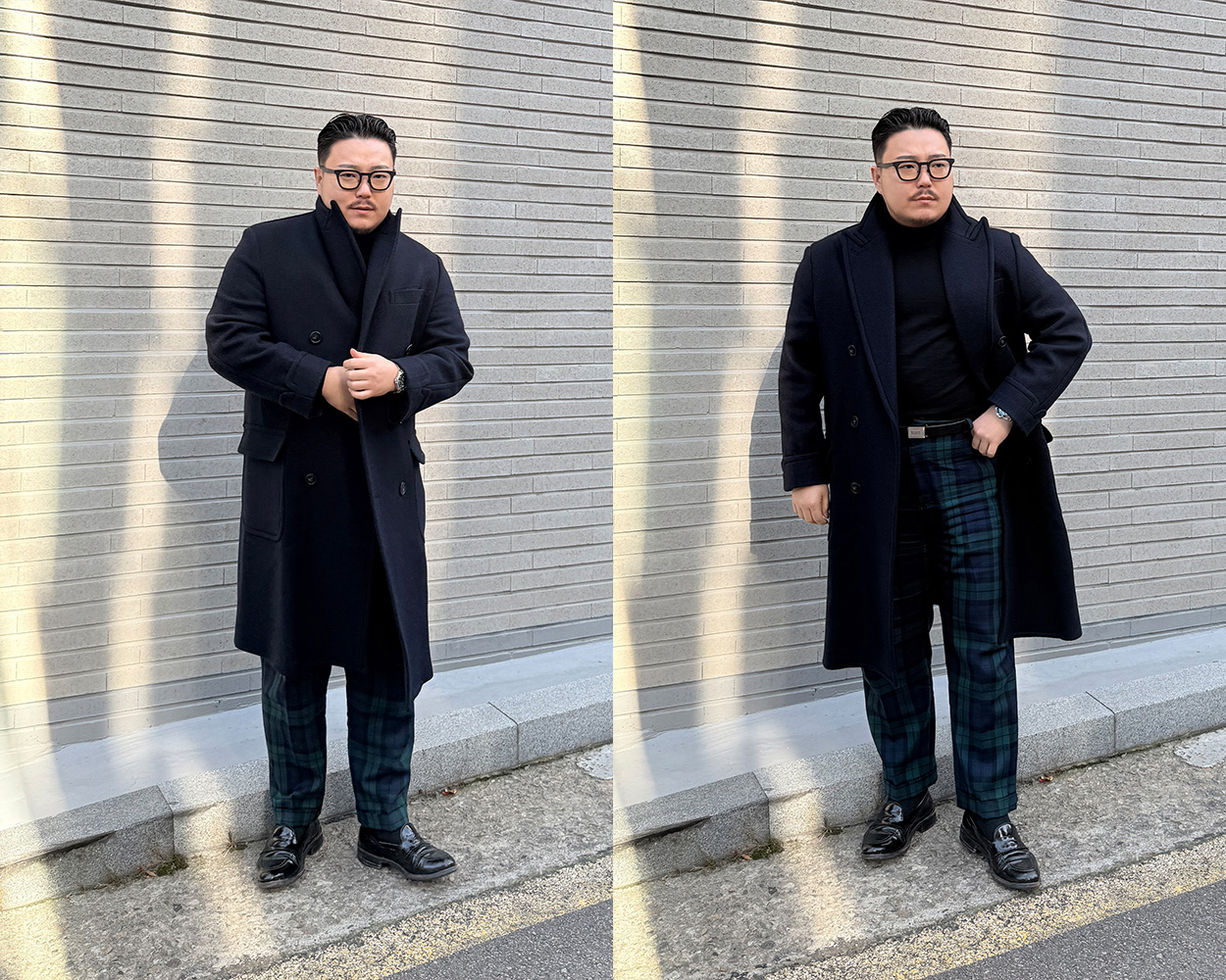 Polo coat outfit paired with Black Watch tartan trousers in Modern Ivy Style