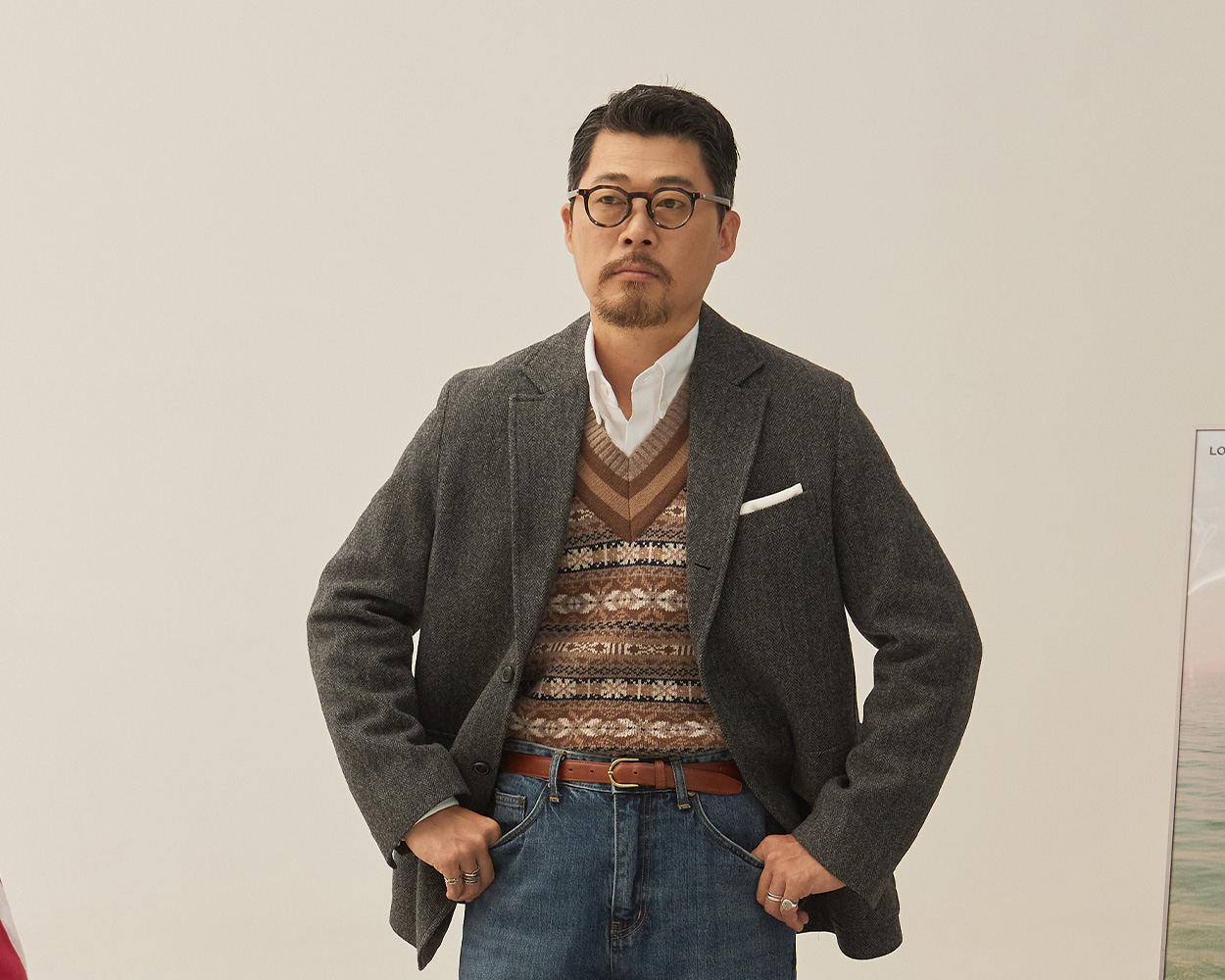 Herringbone tweed jacket styled in classic American Ivy Style