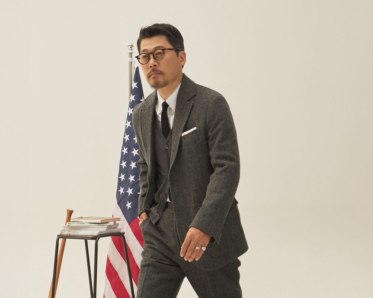 Timeless herringbone tweed jacket worn as a classic winter menswear piece