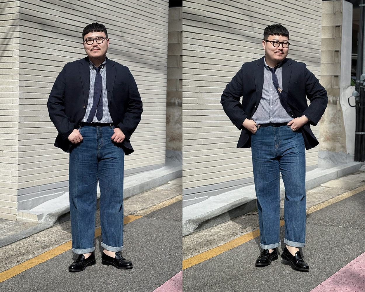 Navy blazer with gold buttons styled casually as a Modern Ivy Style Outfit