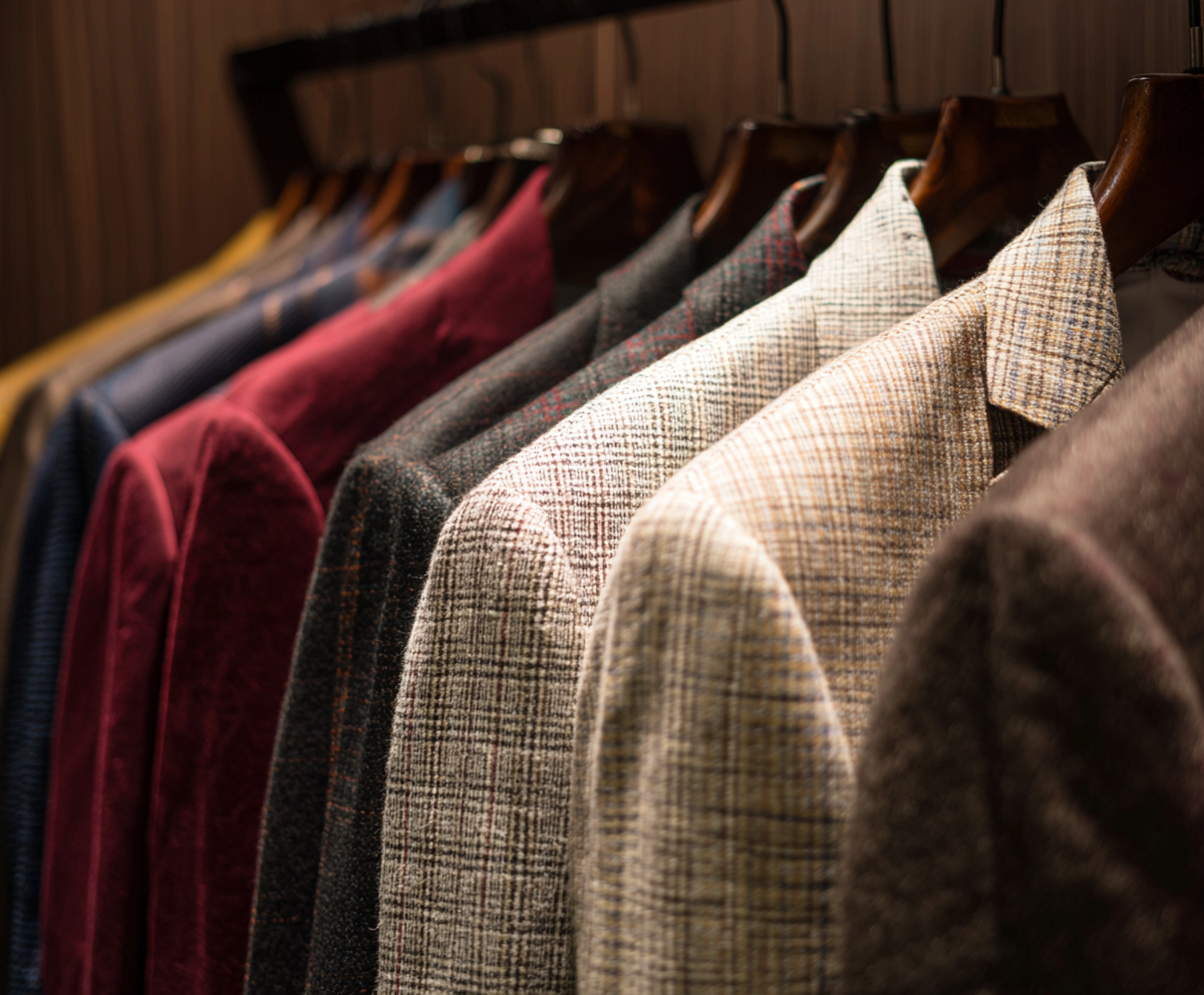 A clean view of various textured sports jackets hanging in a professional dressing room.