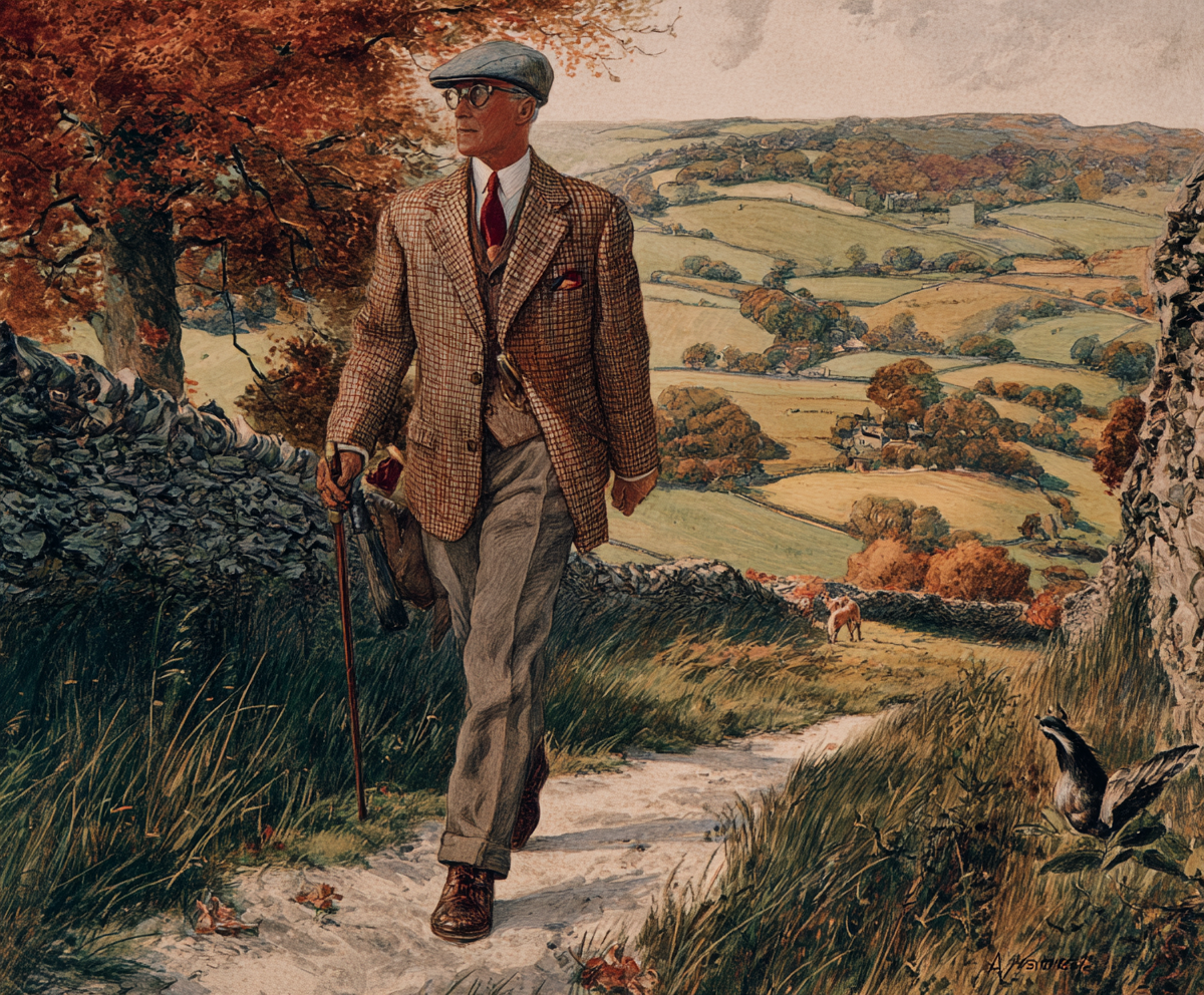 A vintage depiction of a gentleman walking through the British countryside wearing a tweed jacket.