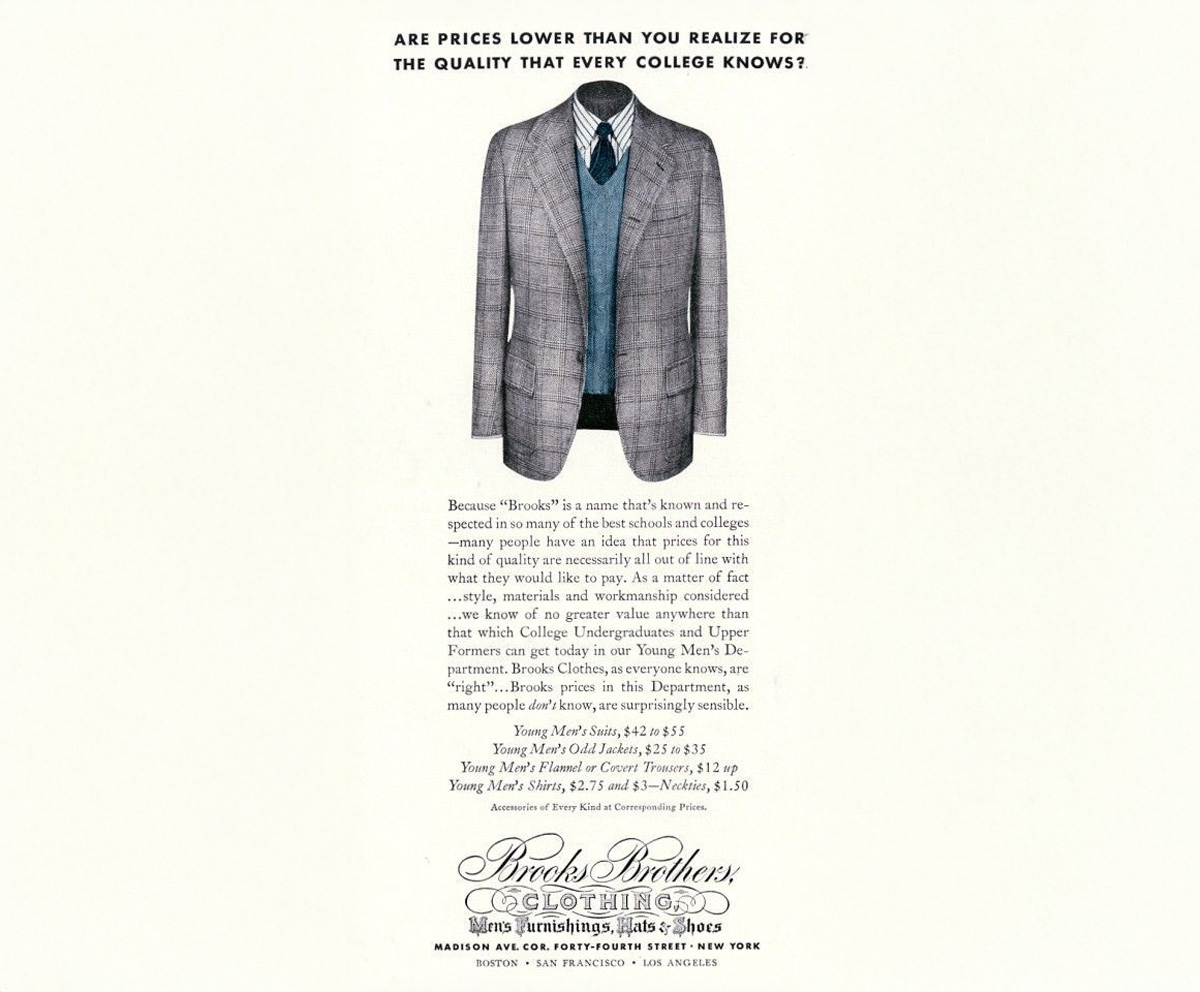 Vintage archival advertisement of the original Brooks Brothers No. 1 Sack Suit.