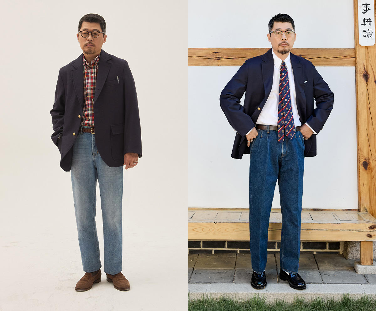 Full-body shot of a model wearing a sack jacket with denim for a sophisticated casual look.