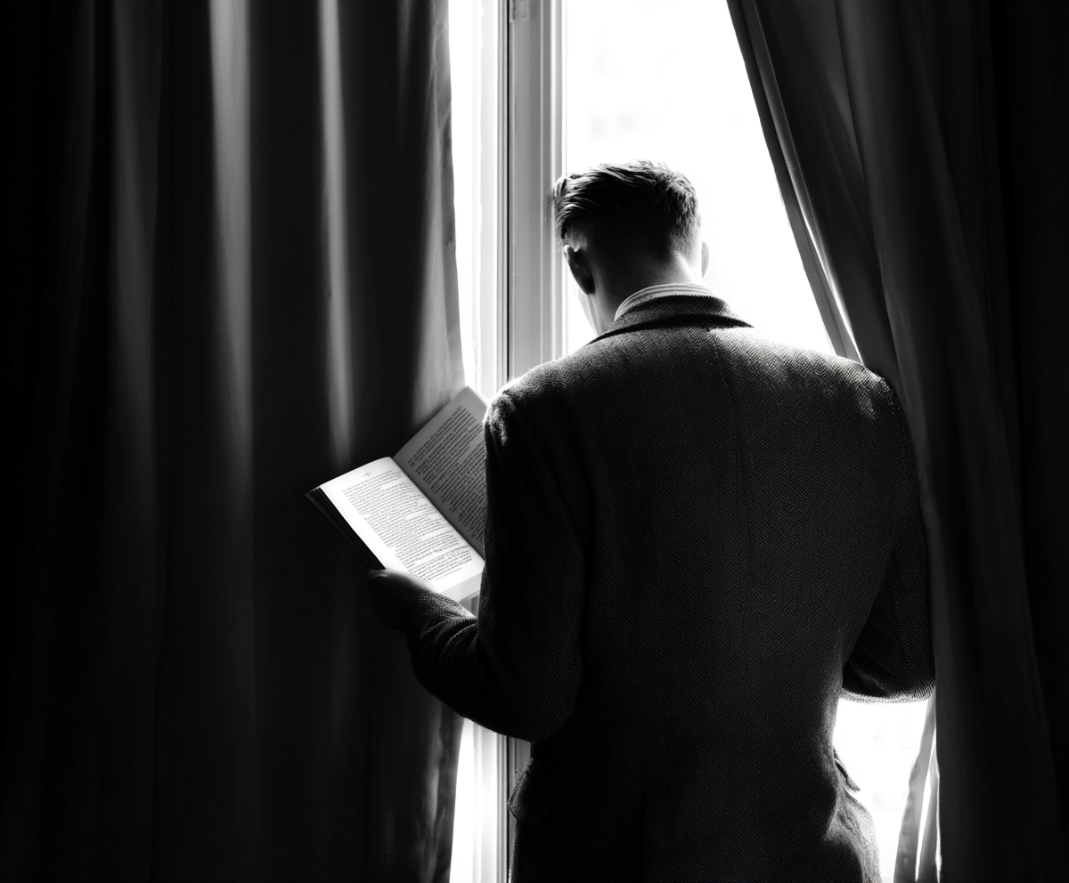 The elegant back view of a man wearing a jacket while reading a book by a sunlit window.