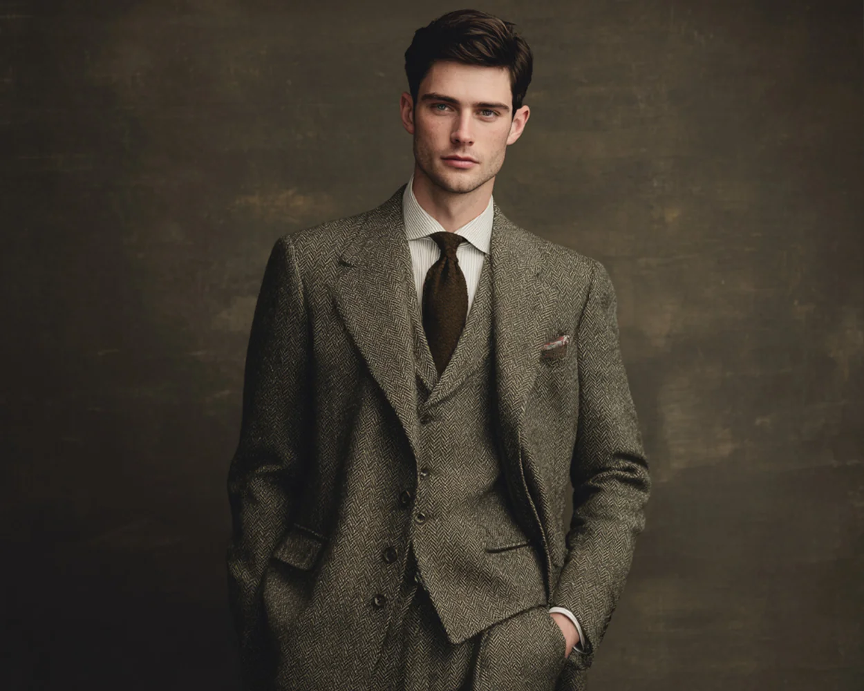 British tailored herringbone tweed jacket with traditional proportions — structured shoulder, defined waist suppression