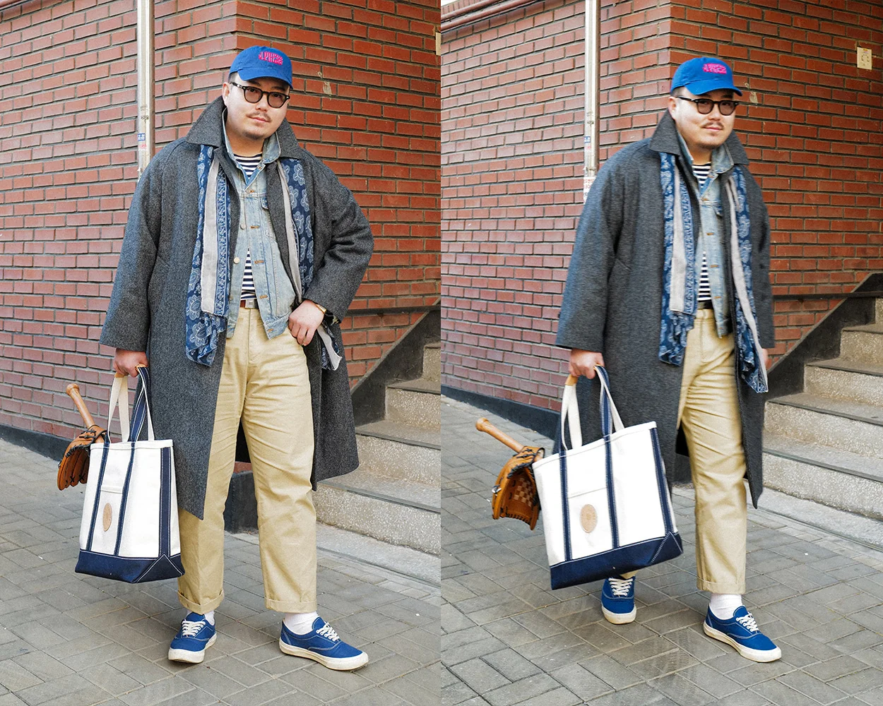 Herringbone balmacaan worn on the street with chinos and a scarf