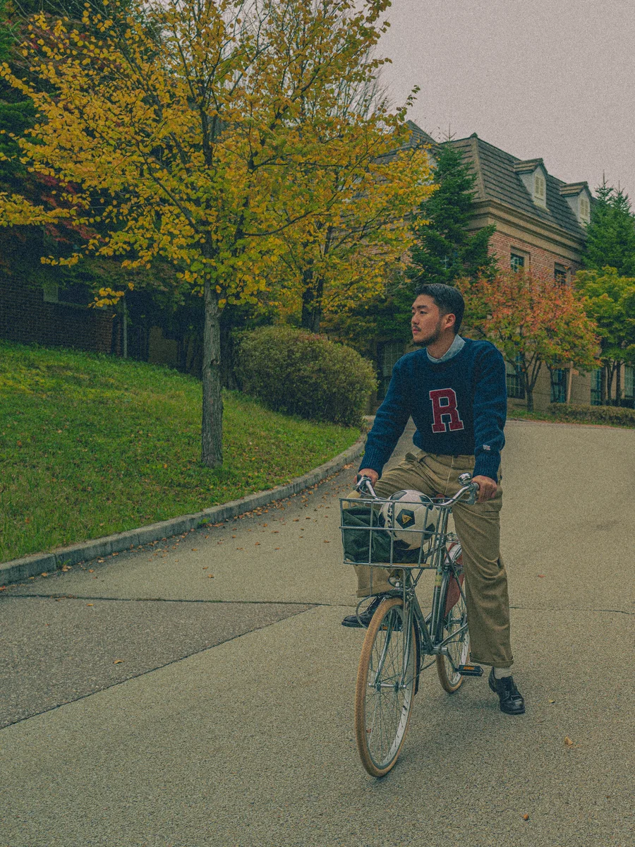 Vintage Shetland crewneck sweater showing natural texture and patina from years of wear, 1960s campus style