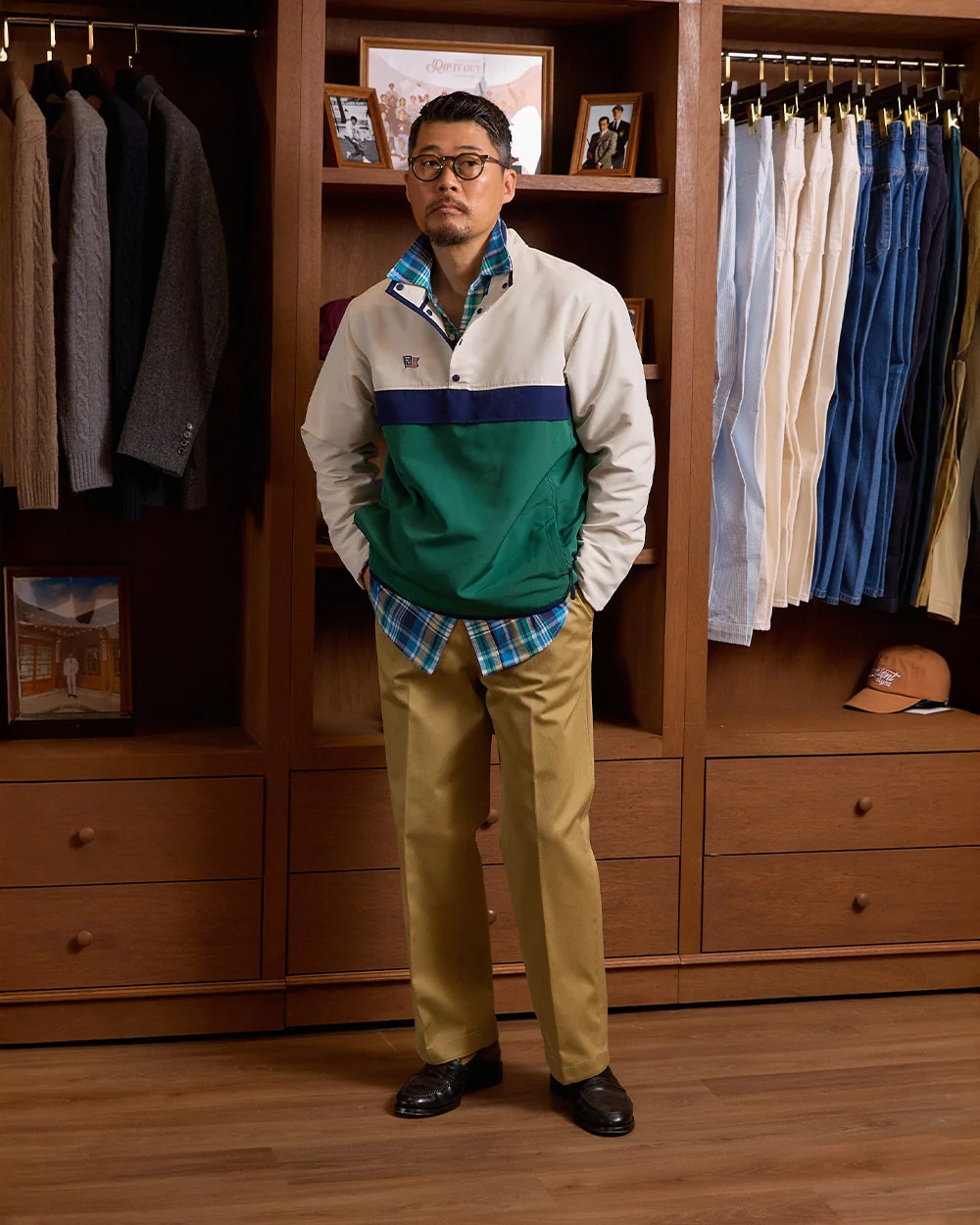 Anorak outfit men spring — Renacts anorak over madras shirt with chinos and Alden loafers, the casual-dressy pairing