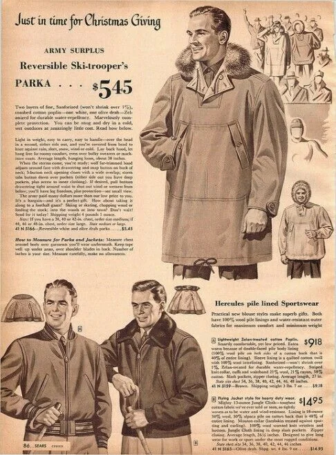 Anorak jacket history — 1940s Sears army surplus catalog advertising a reversible ski-trooper's parka for $5.45